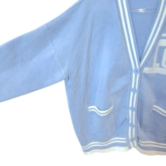 Sandro Paris Opera 'LOVE' Varsity Striped Cardigan Sweater Blue & White L - Picture 11 of 16